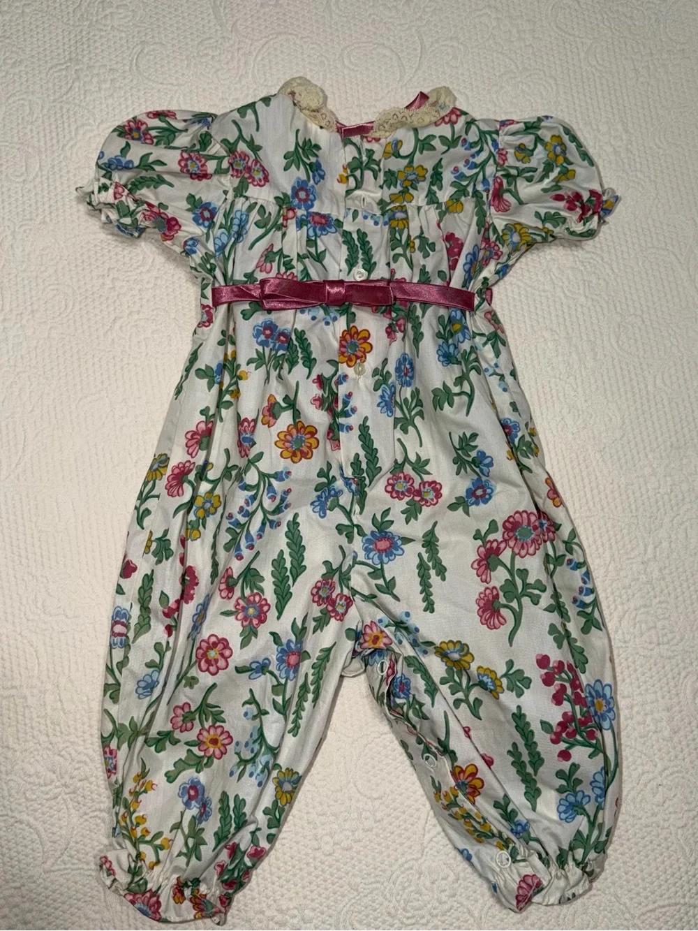 Vintage Cradle Togs White Floral Romper with Pink Trim